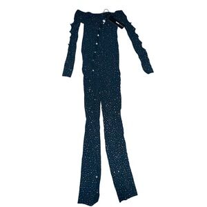 New Catsuit S Teal Rhinestone Cutout Off Shoulder Glam Night Out Sparkle